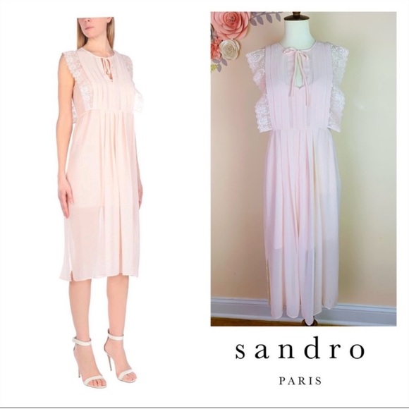 Sandro Dresses & Skirts - New! SANDRO Paris Pleated Lace Sheer Midi Dress in Peach Pink